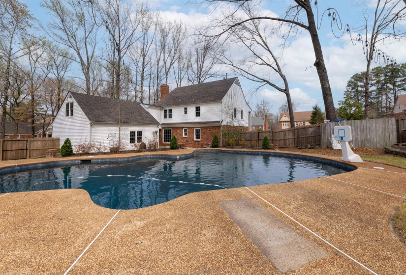 View of swimming pool with a fenced backyard and patio surround