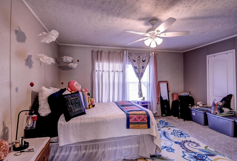 Carpeted bedroom featuring a textured ceiling, a ceiling fan, and ornamental molding