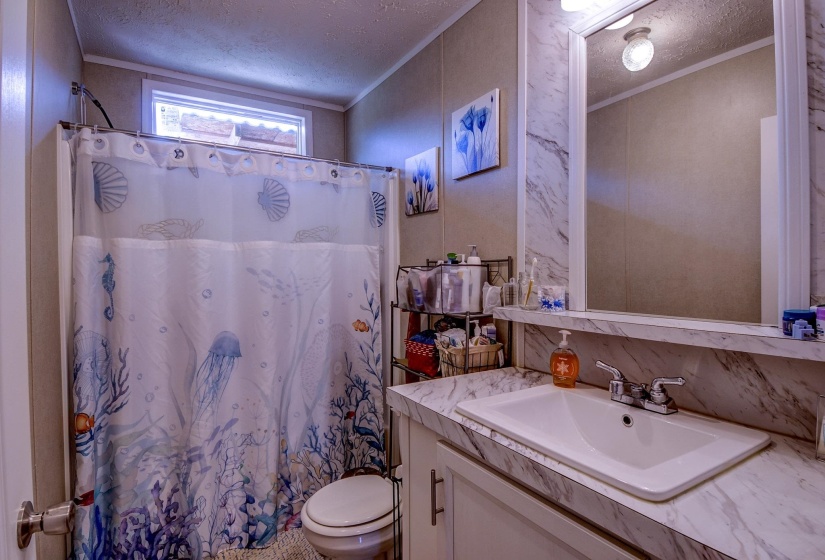 Full bathroom with a textured ceiling, vanity, a shower with shower curtain, and ornamental molding