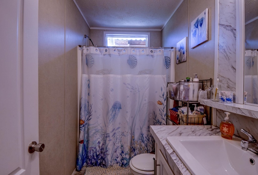 Bathroom with a shower with curtain, vanity, and a textured ceiling