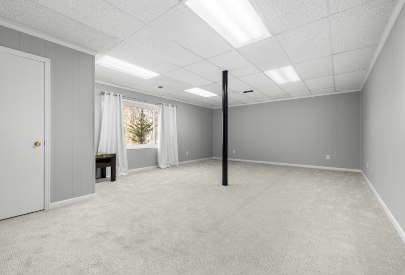 Basement featuring a paneled ceiling, light colored carpet, and wood walls