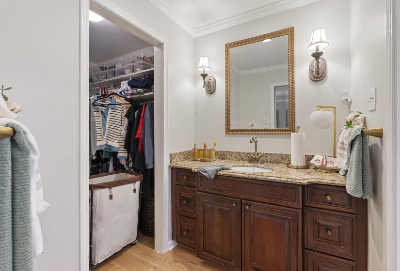 Bathroom featuring ornamental molding, vanity, light wood-style flooring, and a walk in closet