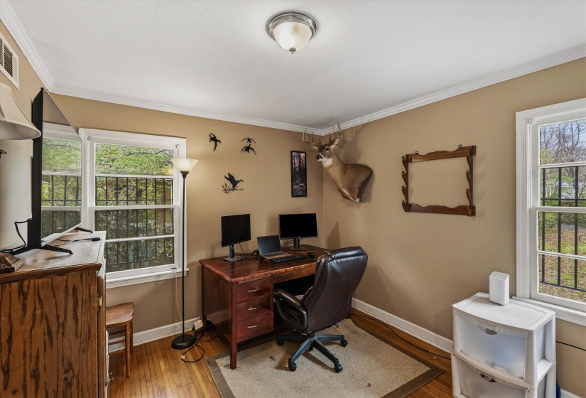 Office area with crown molding, wood finished floors, and plenty of natural light