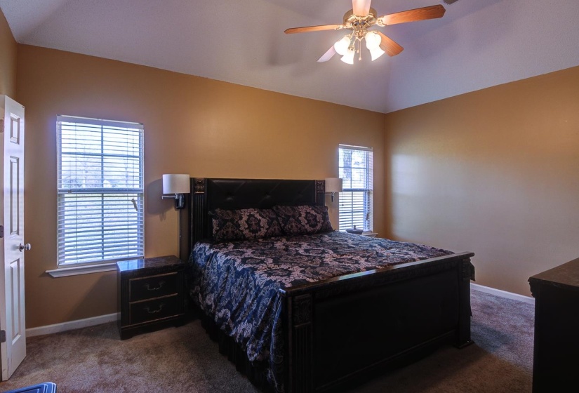 Bedroom with lofted ceiling, dark carpet, and a ceiling fan