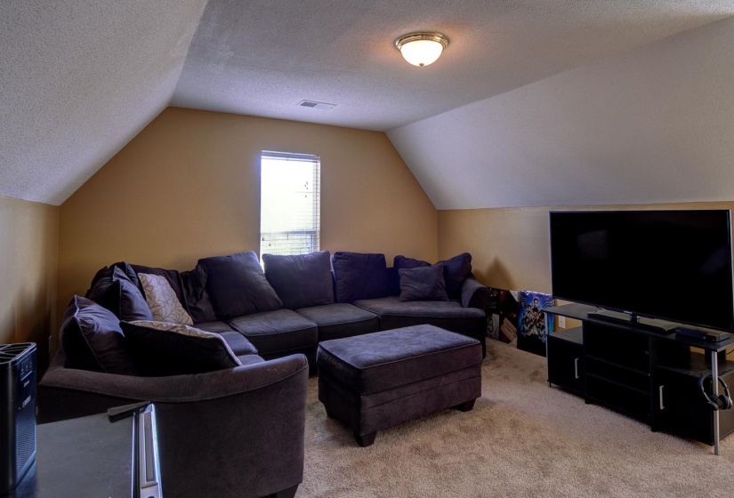 Carpeted living room featuring a textured ceiling