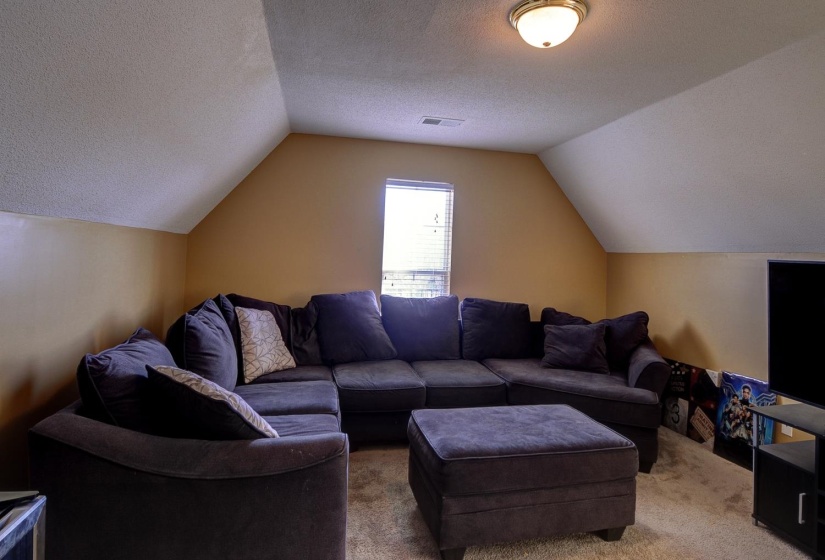 Living area with a textured ceiling and carpet floors