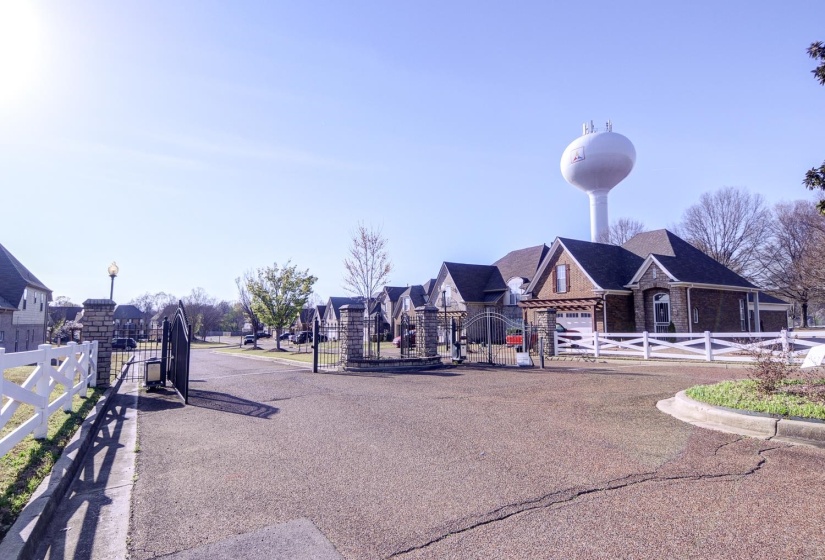 View of asphalt street with a gated entry, a gate, street lights, curbs, and a residential view