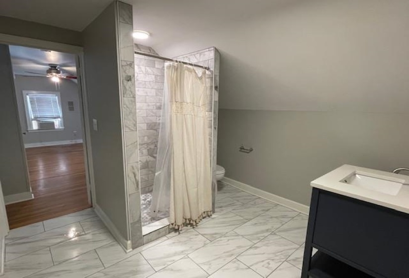 Bathroom featuring ceiling fan, walk in shower, hardwood / wood-style floors, toilet, and vanity