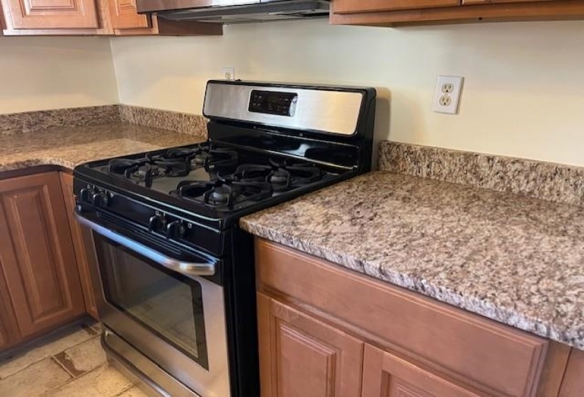 Kitchen with light stone countertops, ventilation hood, and stainless steel range with gas cooktop