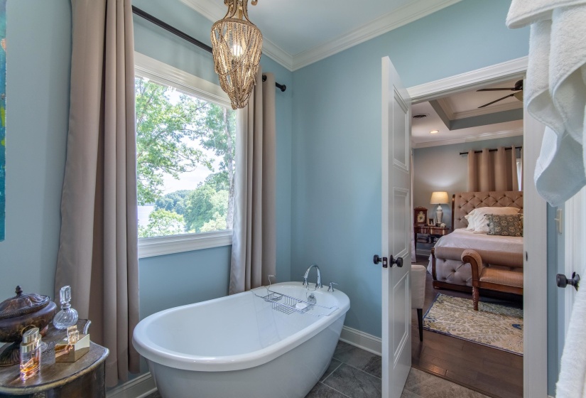 Bathroom with plenty of natural light, a tray ceiling, ceiling fan, and ornamental molding