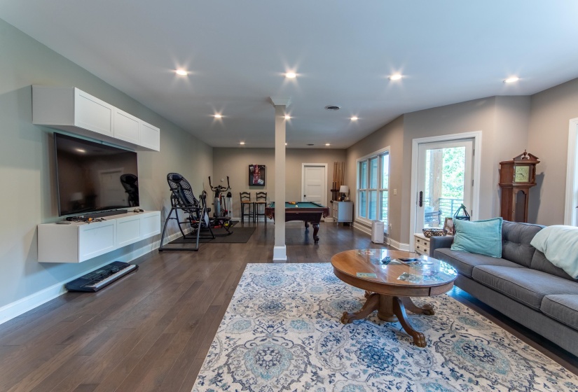 Living room featuring dark wood-type flooring and billiards
