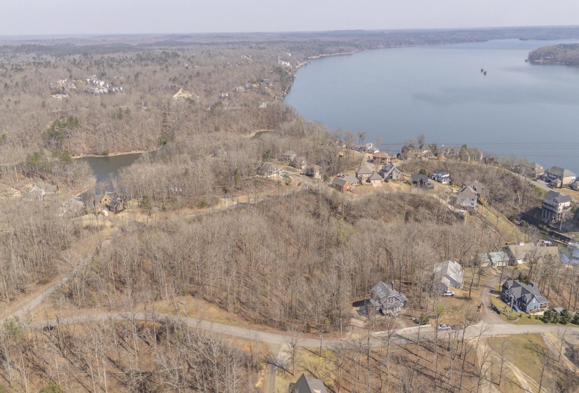 Aerial view of residential area with a nearby body of water and a forest