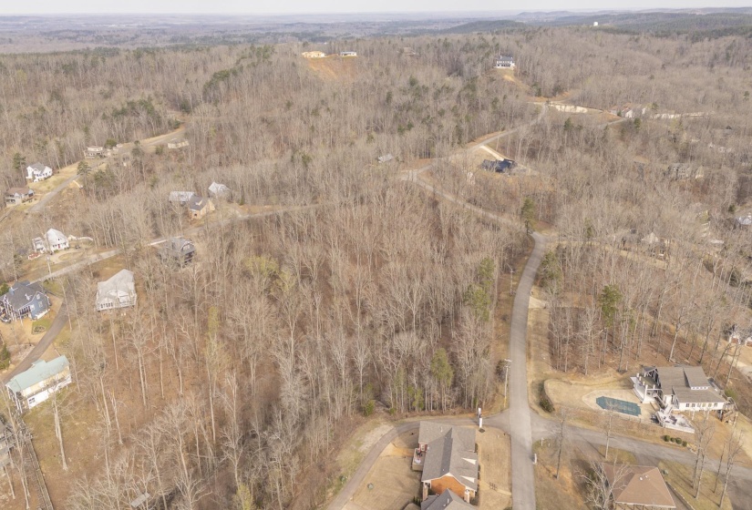 Aerial view of a heavily wooded area