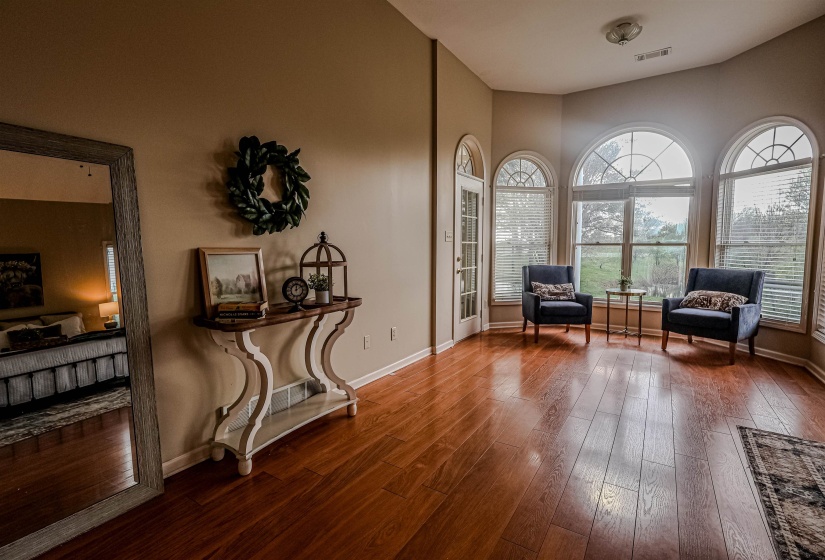 Sitting room with baseboards, visible vents, plenty of natural light, and dark wood finished floors