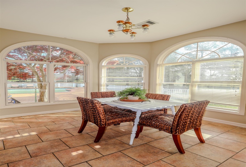 Dining area featuring plenty of natural light, baseboards, a notable chandelier, and visible vents