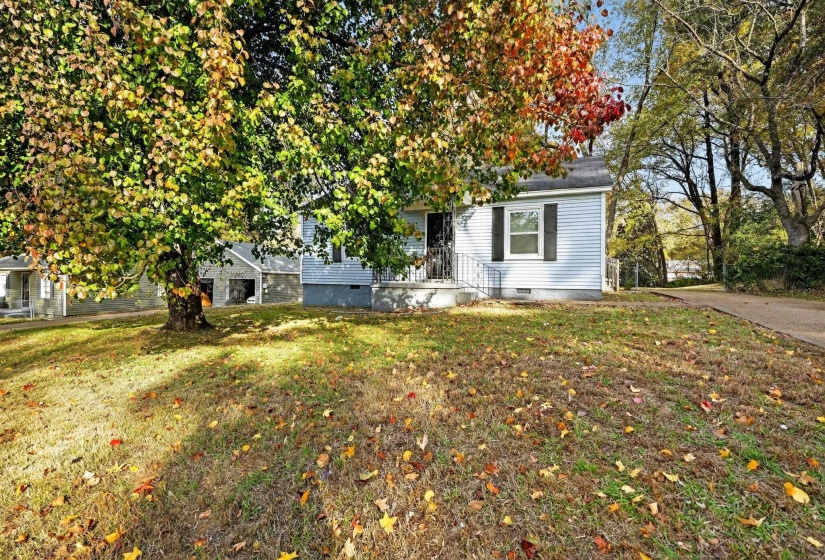 View of property hidden behind natural elements featuring crawl space and a front lawn