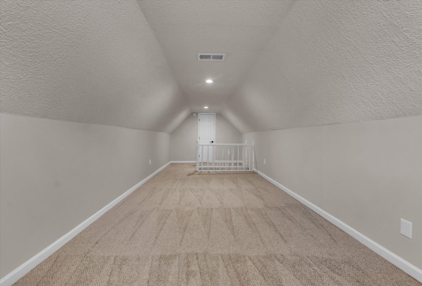 Bonus room featuring light colored carpet and a textured ceiling