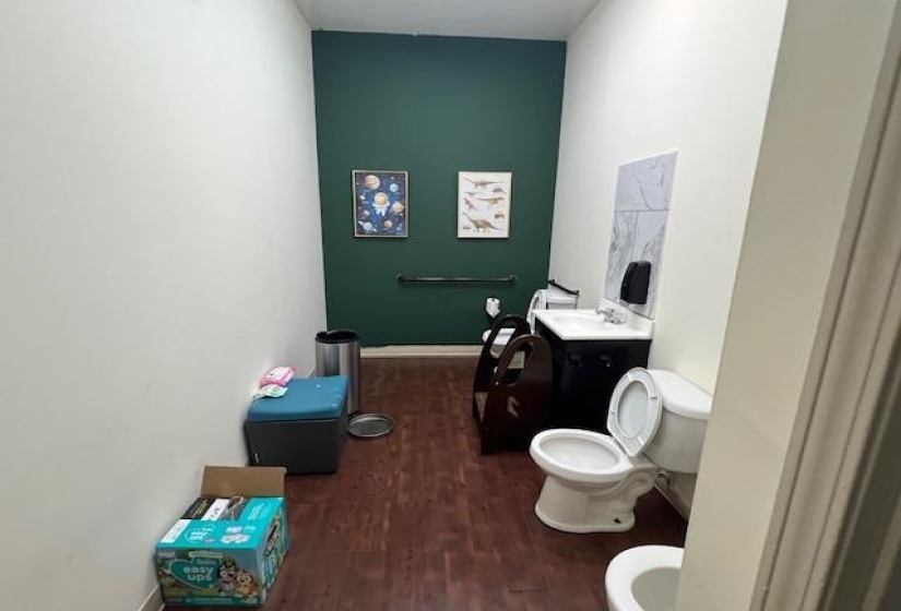 Bathroom with dark wood-type flooring and vanity