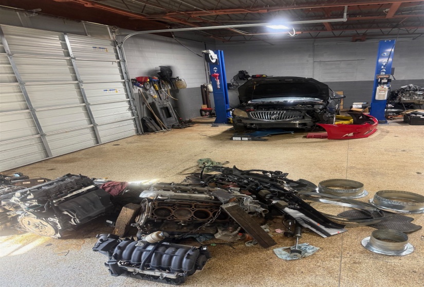 Garage with concrete block wall