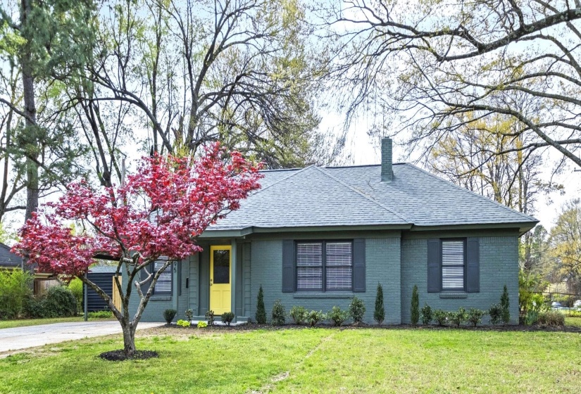 View of front facade featuring a chimney, brick siding, a front lawn, and roof with shingles