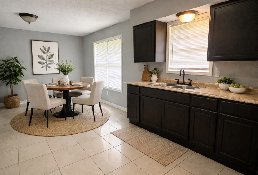 Dining room with light tile patterned floors and baseboards