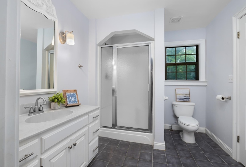 Full bathroom with a shower stall, vanity, and dark tile patterned floors