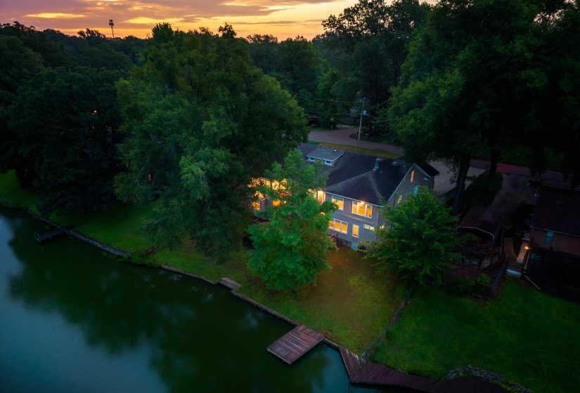 Aerial view at dusk of lake.