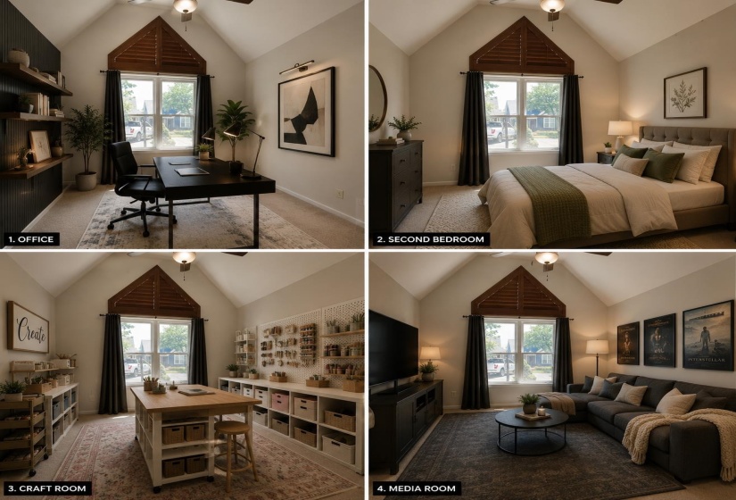 Staging of what the room could be, several options, office, craft room, bdrm and a media room