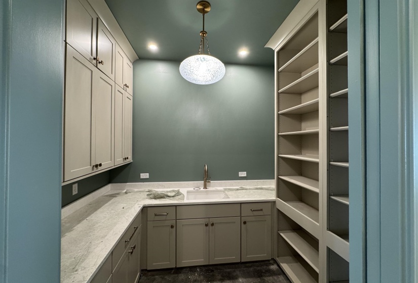 Pantry featuring extensive cabinetry, built-in shelving, light-toned countertops, a stainless-steel sink with a gooseneck faucet, and a decorative pendant light fixture