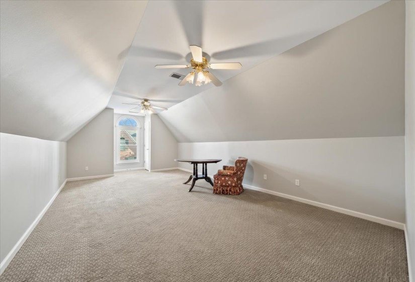 Additional living space with ceiling fan and carpet