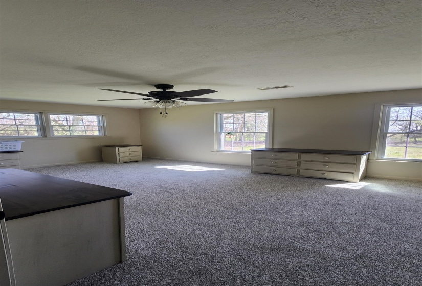 Unfurnished living room with healthy amount of natural light, carpet, a ceiling fan, and a textured ceiling