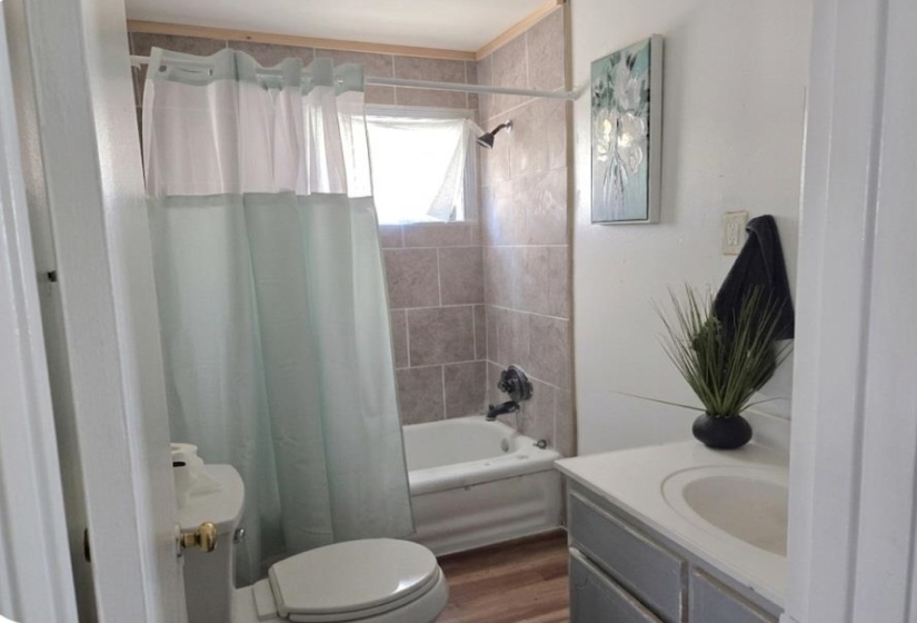 Bathroom with vanity, dark wood-type flooring, and shower / tub combo