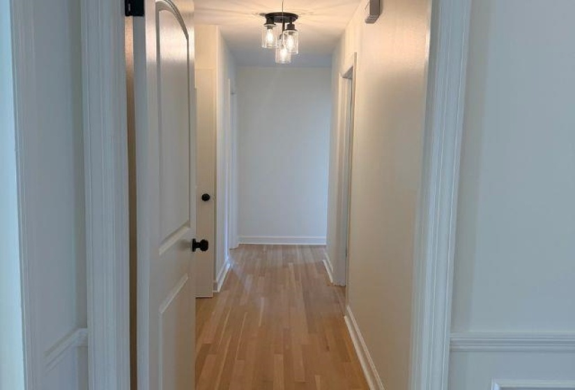 Light wood-finish flooring extends through a bright hallway featuring white walls and a contemporary three-light ceiling fixture with clear glass shades
