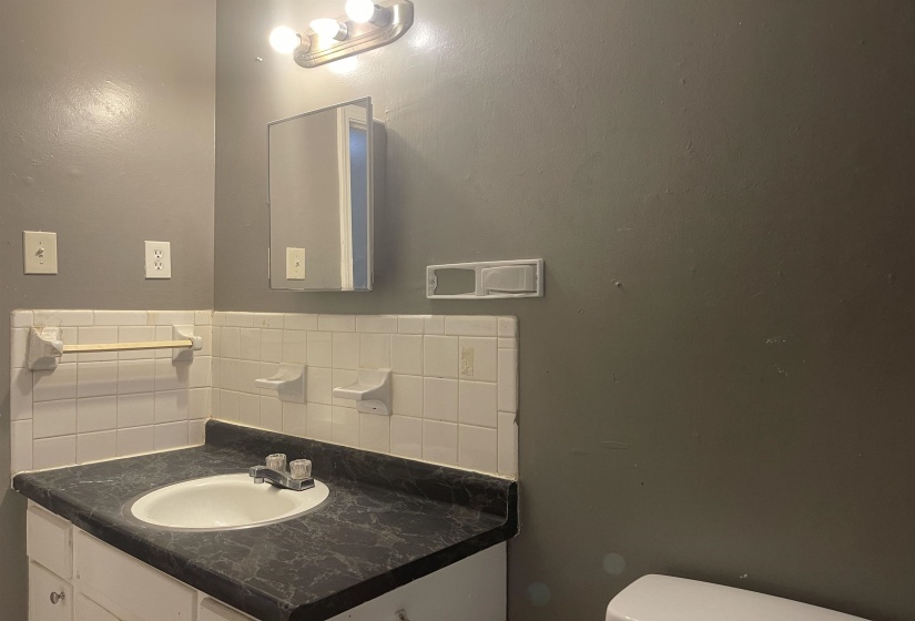 Bathroom featuring vanity and backsplash