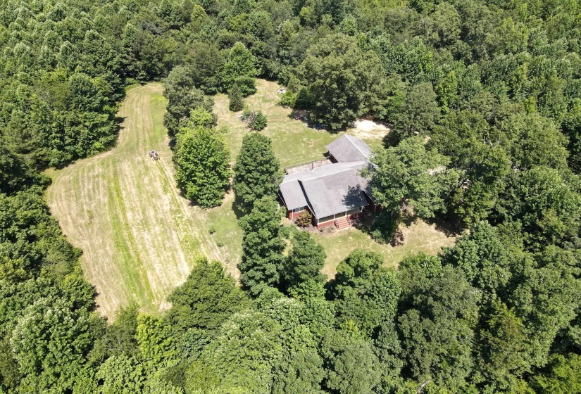 Secluded property featuring a large structure with a gray roof and brick siding, surrounded by mature trees