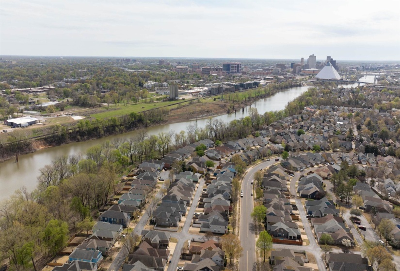 Aerial view of residential area with a nearby body of water