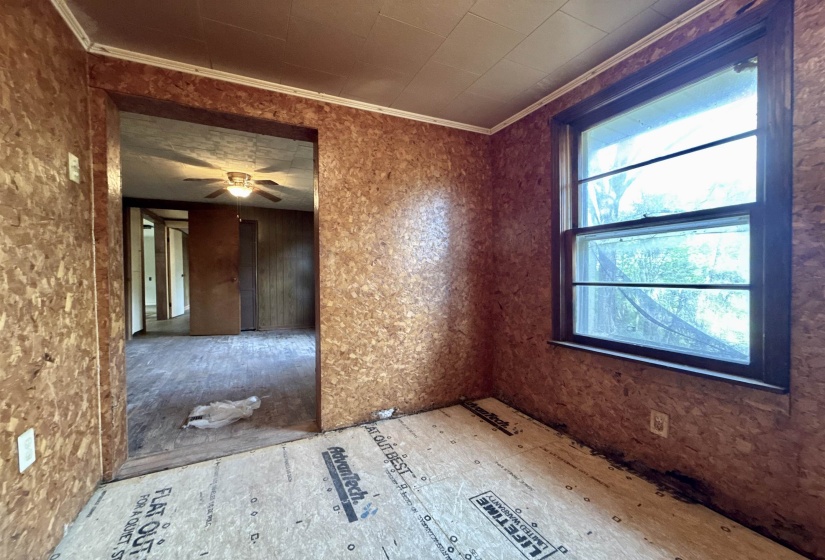 Spare room featuring ornamental molding and ceiling fan