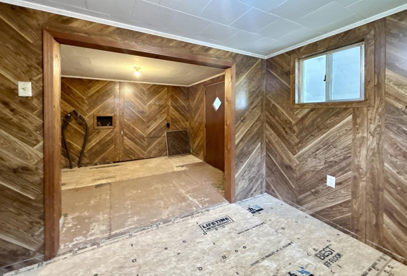 Interior space featuring wood walls