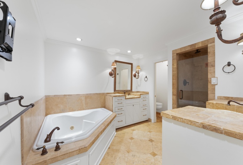 Separate shower and tub, vanities, and toilet room