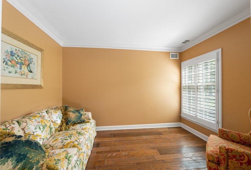 Living area with pegged hardwood floors