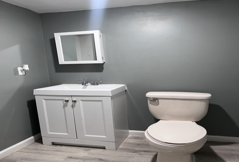 Bathroom with vanity and light wood-style floors