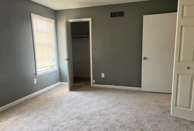 Unfurnished bedroom featuring light carpet, a spacious closet, and a textured ceiling