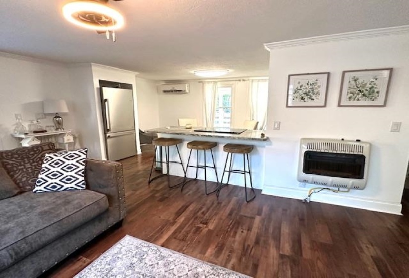 Living room with dark wood-type flooring, heating unit, crown molding, and an AC wall unit