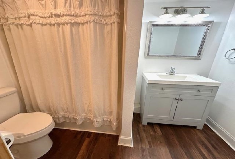 Bathroom with hardwood / wood-style flooring, toilet, and vanity