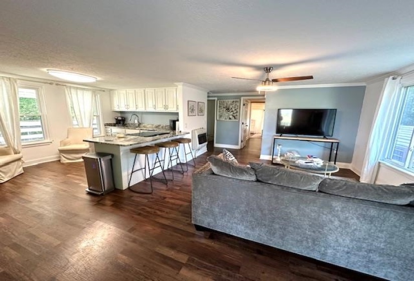 Living room featuring ceiling fan, crown molding, sink, and dark hardwood / wood-style floors