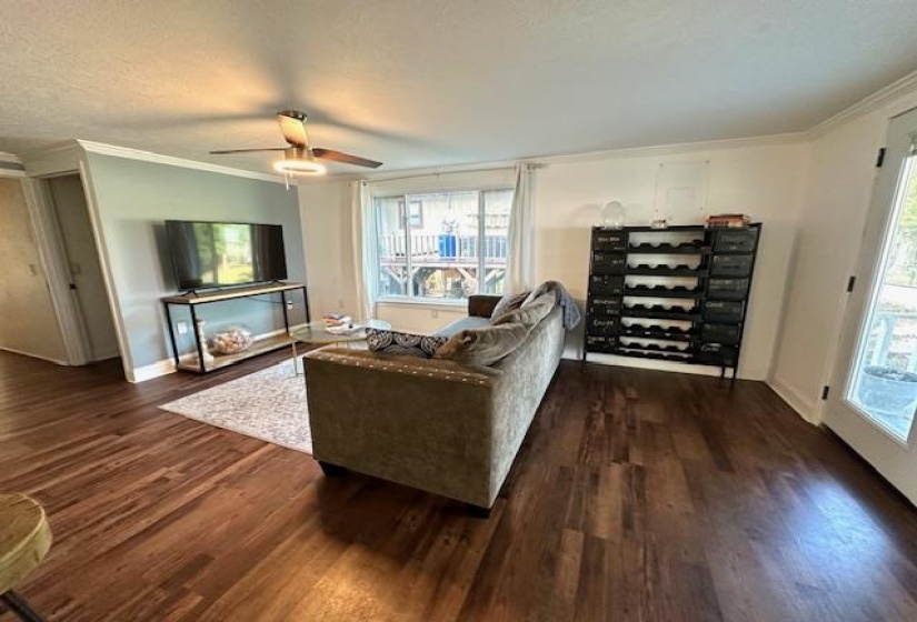 Living room featuring ceiling fan, dark hardwood / wood-style floors, and a healthy amount of sunlight