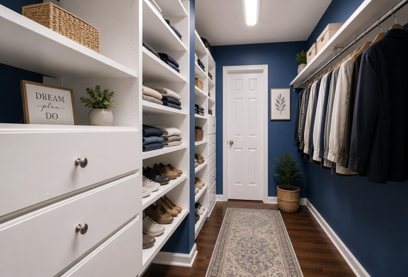 Dream closet goals! This oversized walk-in closet features custom built-in shelving, drawers, hanging space, and beautiful hardwood floors. Designed for maximum organization and storage. Image has been virtually staged.