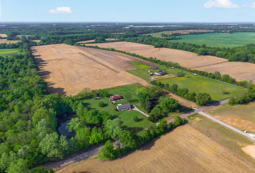 Overview of rural landscape featuring farmland