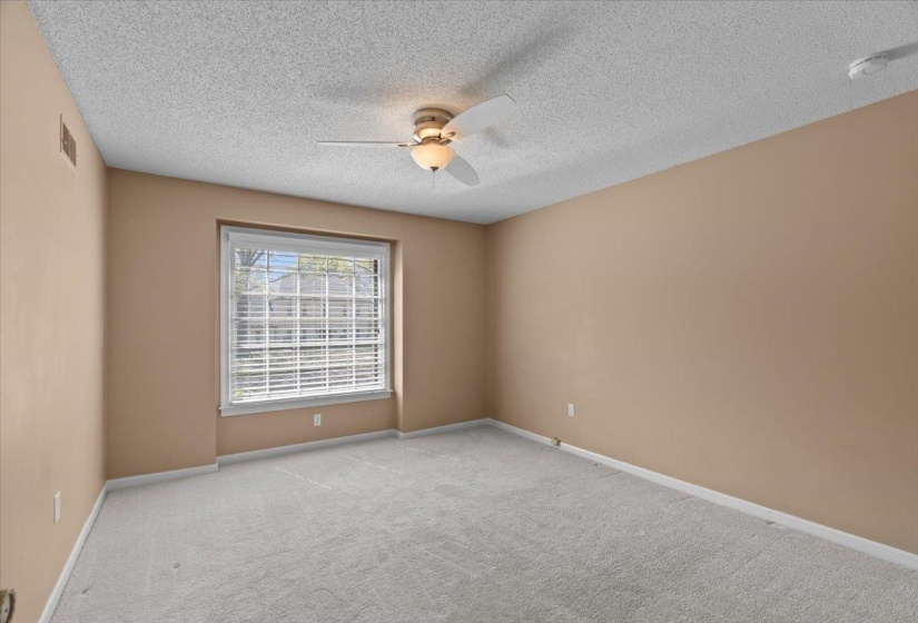 Unfurnished room with light carpet, a ceiling fan, a textured ceiling, and a smoke detector
