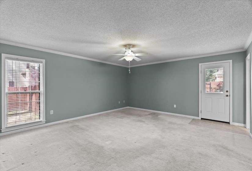 Empty room with healthy amount of natural light, light carpet, ornamental molding, ceiling fan, and a textured ceiling